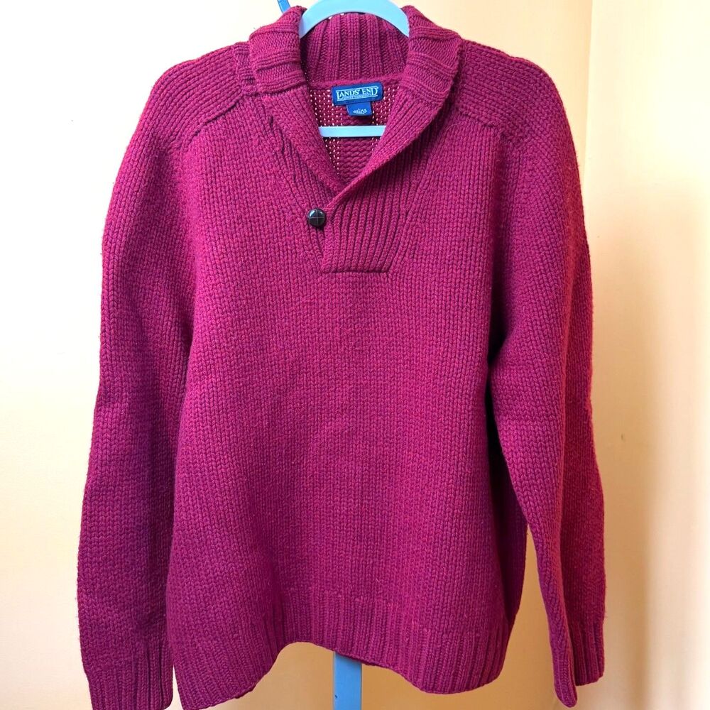 Vtg Lands End Lambswool Fisherman Sweater Mens Large Red Shawl Collar Heritage